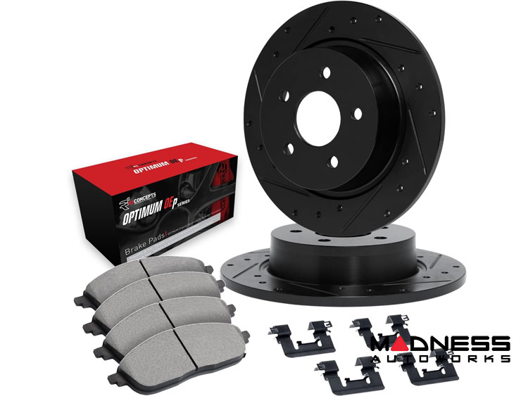 Jeep Renegade Brake Kit - Rear - R1 Concepts - Optimum OEp Brake Pads - eLINE Black Drilled + Slotted Rotors